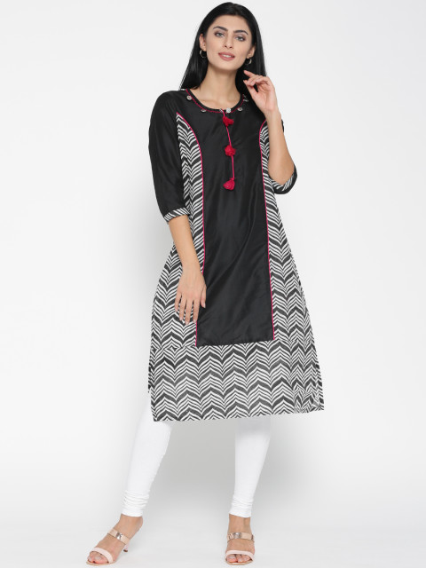 Myntra offers- Jashn Women Black & White Printed Straight Kurta @ Rs. 799