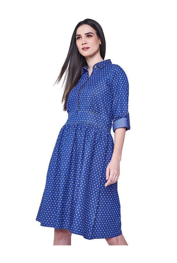 Dark Blue Cotton Knee Length Dress