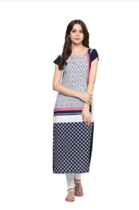 Shopclues- Get Ziyaa Blue Geometric Crepe Straight Kurti at only Rs. 645