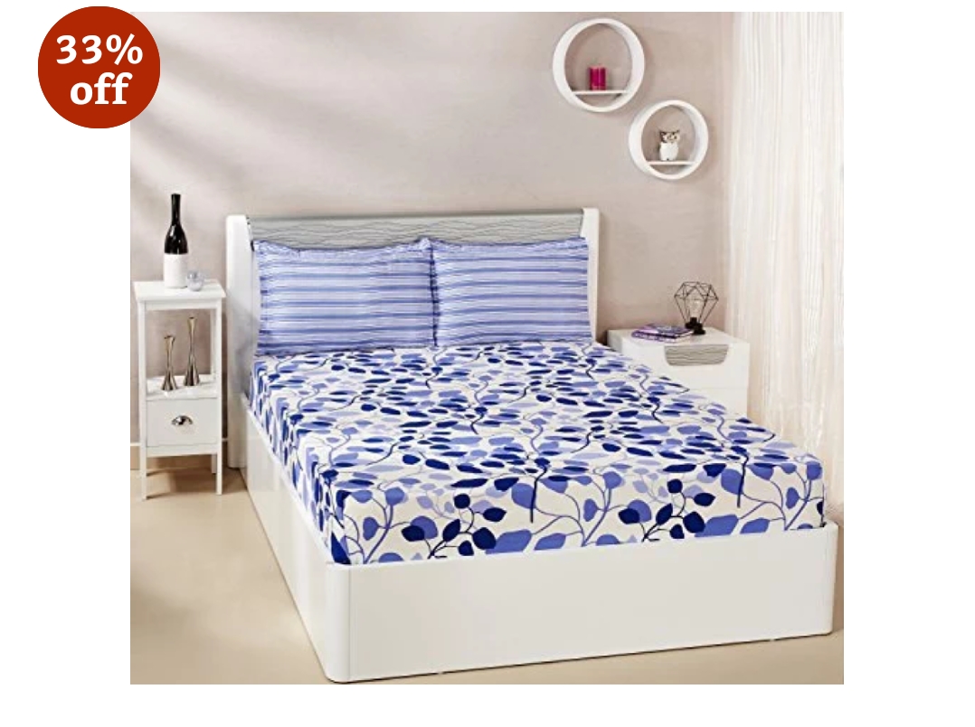 Amazon India – Buy Solimo Leafy Spring 144 TC 100% Cotton Double Bedsheet with 2 Pillow Covers, Blue at only Rs.599