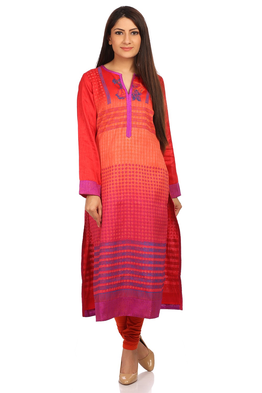 Biba- Buy Coral Red Straight Cotton Kurta at Only Rs. 850